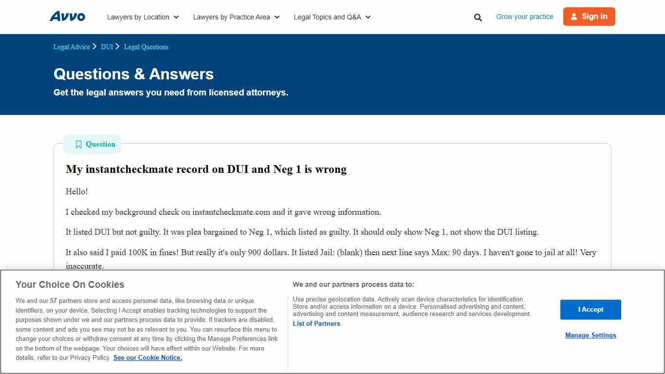 My instantcheckmate record on DUI and Neg 1 is wrong - Legal Answers